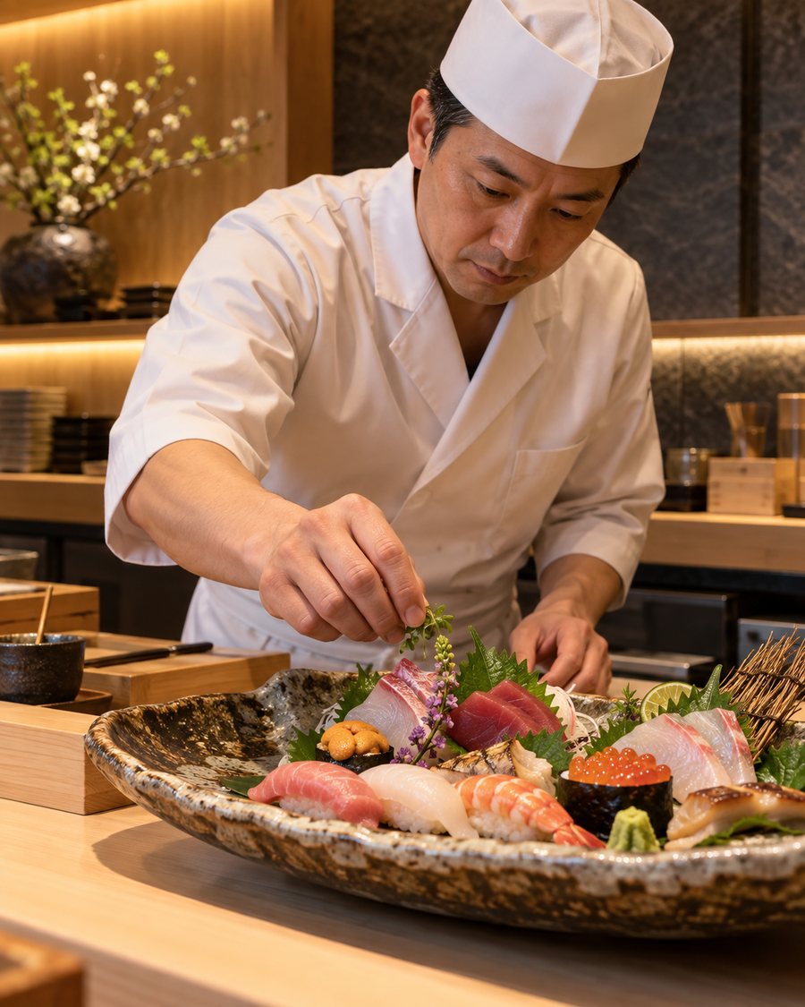 Chef japonais présentant une assiette de sushi et sashimi