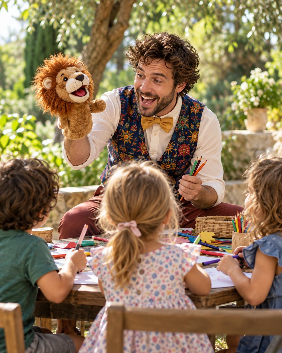 Animateur proposant une activité à trois enfants