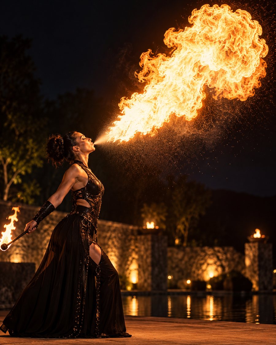 Artiste réalisant une performance de feu