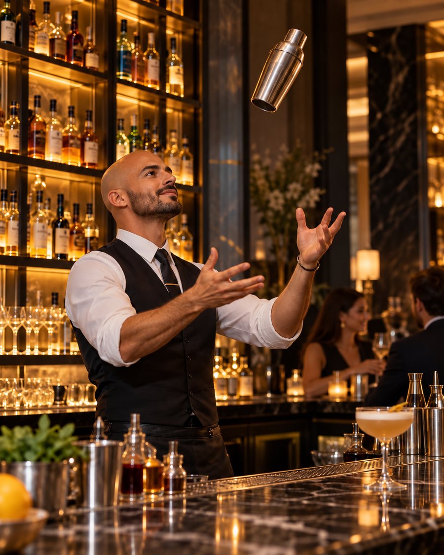 Barman chauve lançant un shaker en l’air